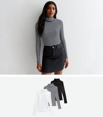 3 Pack Black White and Stripe Ribbed Roll Neck Tops | New Look