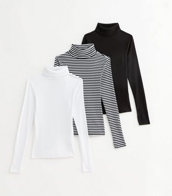 3 Pack Black White and Stripe Ribbed Roll Neck Tops New Look