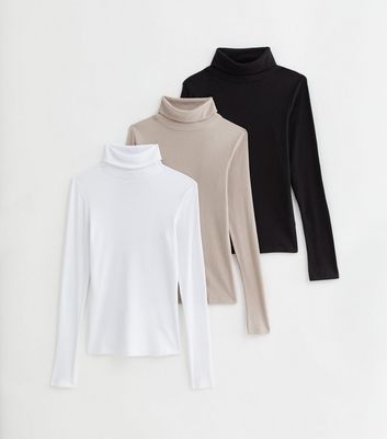 3 Pack Stone White and Black Ribbed Roll Neck Tops New Look