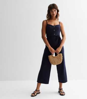 Navy Textured Jersey Button Front Jumpsuit