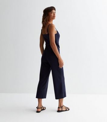Navy Textured Jersey Button Front Jumpsuit New Look