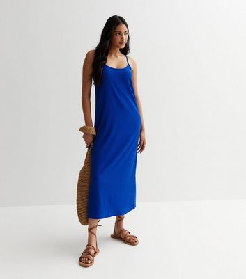 Bright Blue Crinkle Jersey Strappy Midaxi Dress New Look