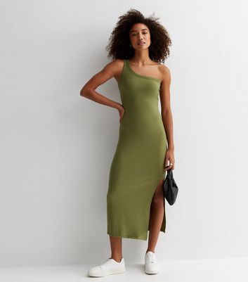 Olive Ribbed Jersey One Shoulder Midaxi Dress New Look