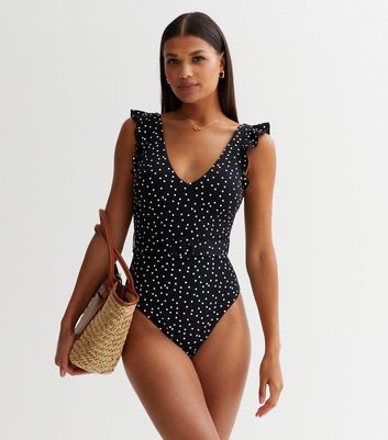 Black Spot Plunging Frill Sleeve Swimsuit | New Look