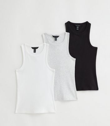 3 Pack White Grey and Black Racer Vests New Look
