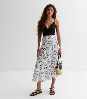 Petite White Polka Dot Ruffle Midaxi Skirt | New Look