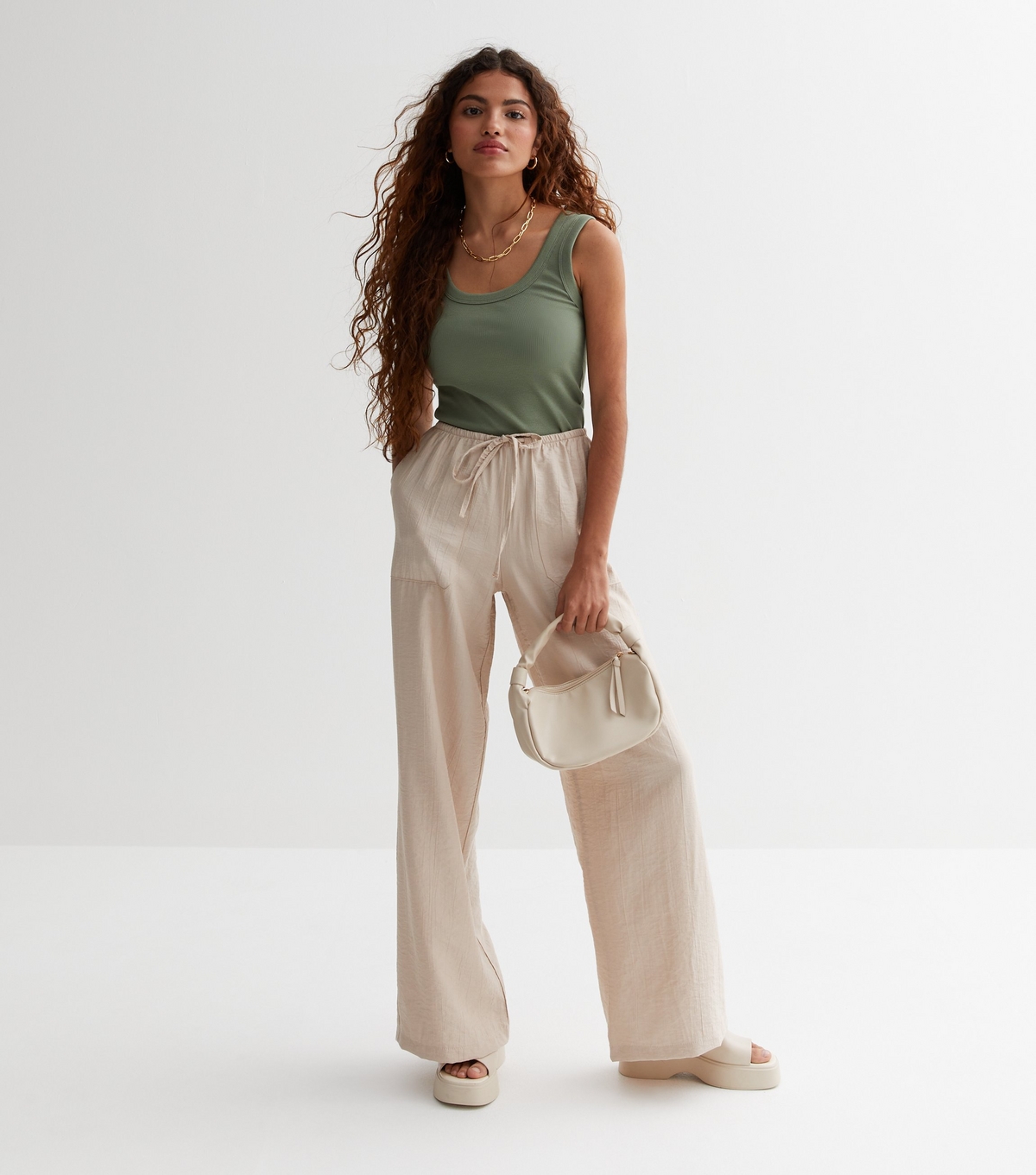 Women's Petite Stone Crinkle Waist Trousers New Look