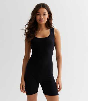 Petite Black Ribbed Unitard