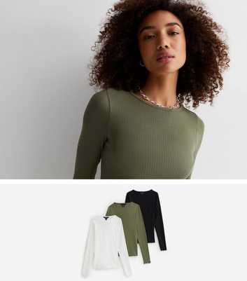 3 Pack Green Black and White Ribbed Long Sleeve Tops