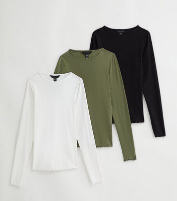 3 Pack Green Black and White Ribbed Long Sleeve Tops New Look