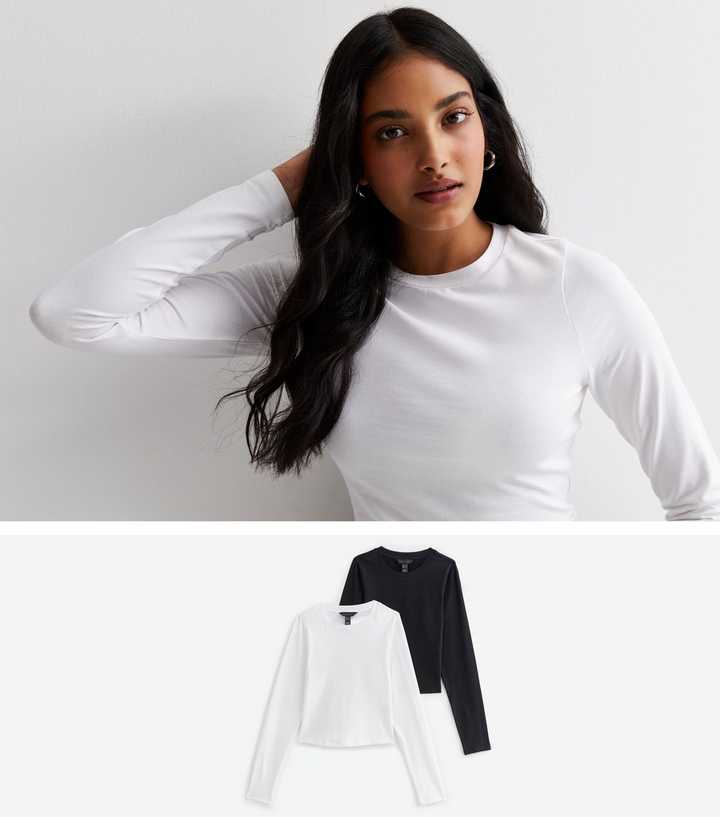 2 Pack Black and White Long Sleeve Crop T-Shirts