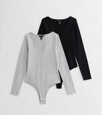 2 Pack Black and Grey Jersey V Neck Bodysuits New Look