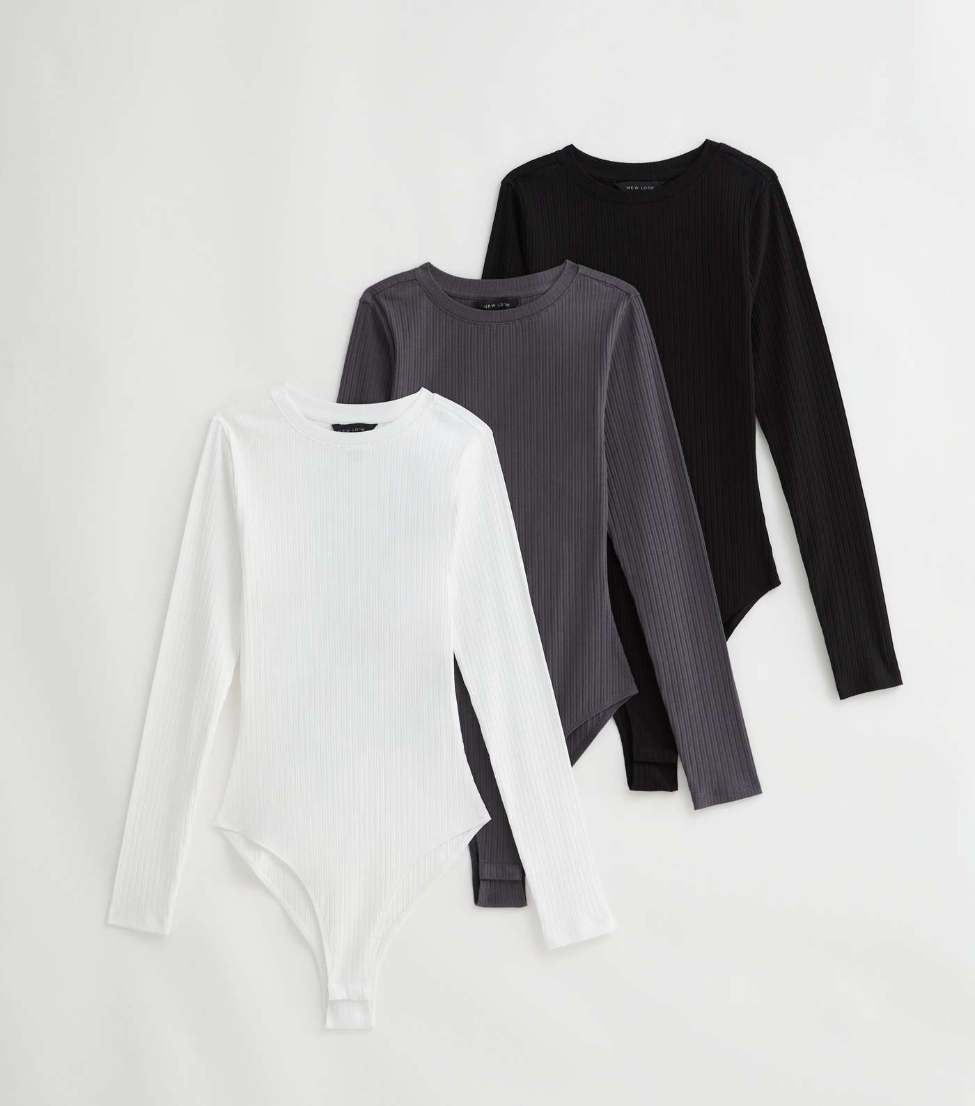 3 Pack Dark Grey White and Black Ribbed Bodysuits Image 5
