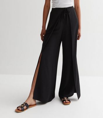 Black wide leg split trousers sale