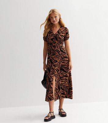 Leopard stripe button front cheap midi dress