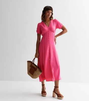 Pink Ruched Sleeve Button Front Midaxi Dress