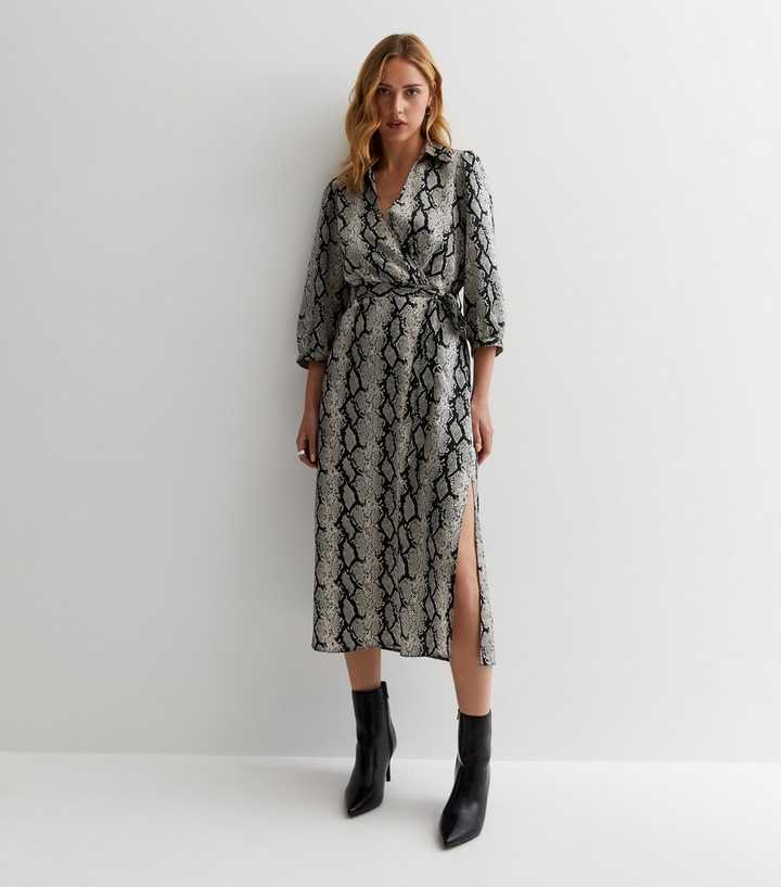 Light Grey Snake Print Satin Wrap Midi Dress
