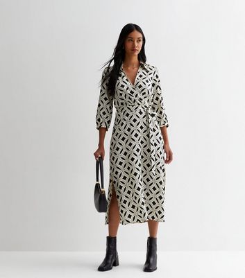 Off White Geometric Wrap Midi Shirt Dress New Look