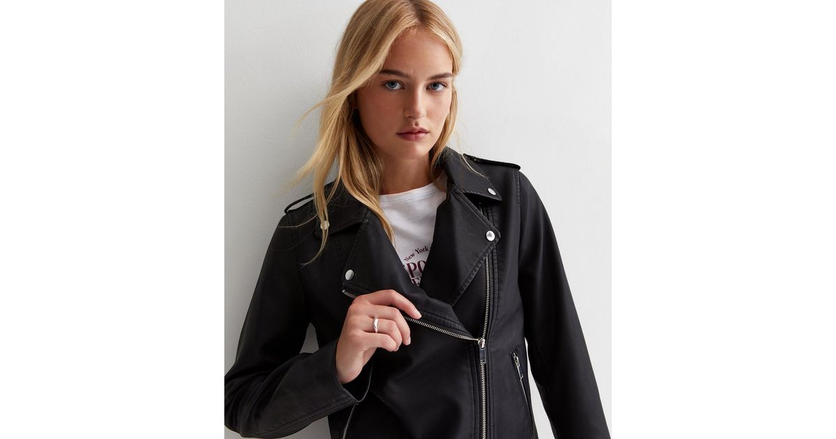 Tall Black LeatherLook Biker Jacket New Look