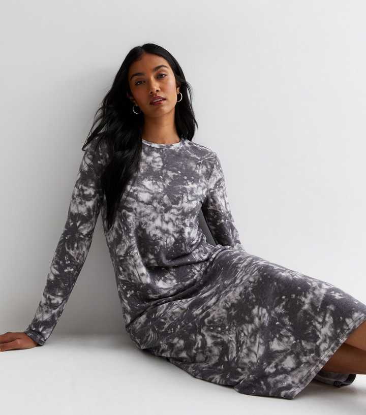 Light Grey Tie Dye Long Sleeve Split Hem Midaxi Dress