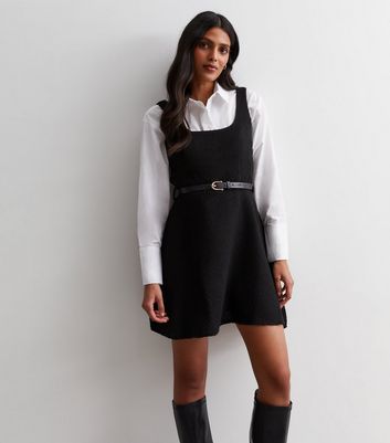 Black Boucle Belted Pinafore Mini Dress New Look