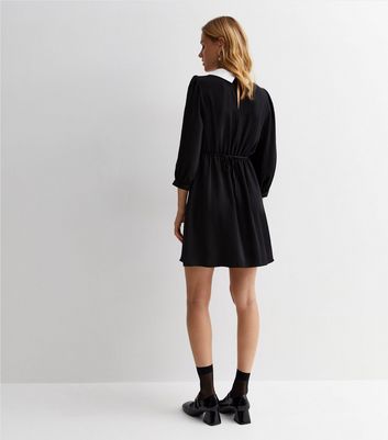 Black Contrast Collar Puff Sleeve Mini Dress New Look