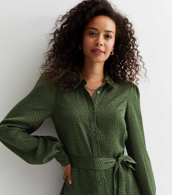 Tall Green Polka Dot Belted Mini Shirt Dress - Main Image
