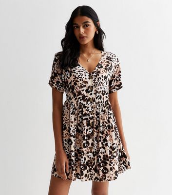 Brown Leopard Print Button Front Smock Mini Dress New Look