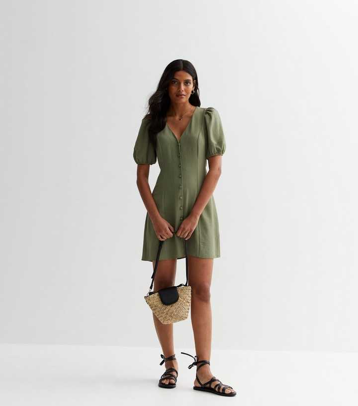 Khaki Button Front Puff Sleeve Mini Dress