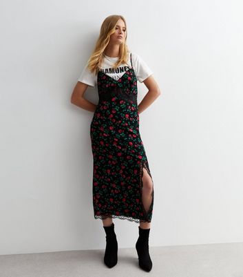 Black Floral Lace Trim Split Hem Midi Slip Dress New Look