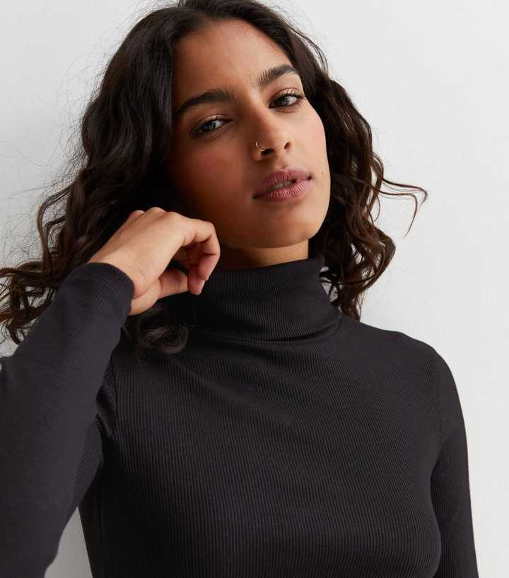 Petite Black Ribbed Roll Neck Top | New Look
