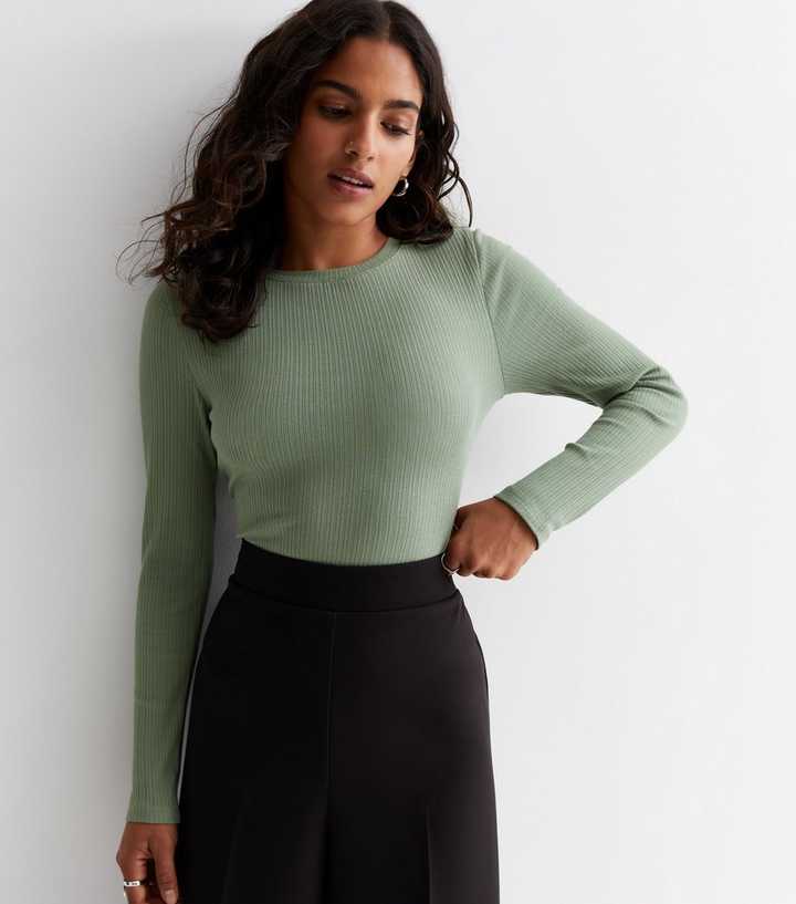 Petite Khaki Ribbed Long Sleeve Bodysuit