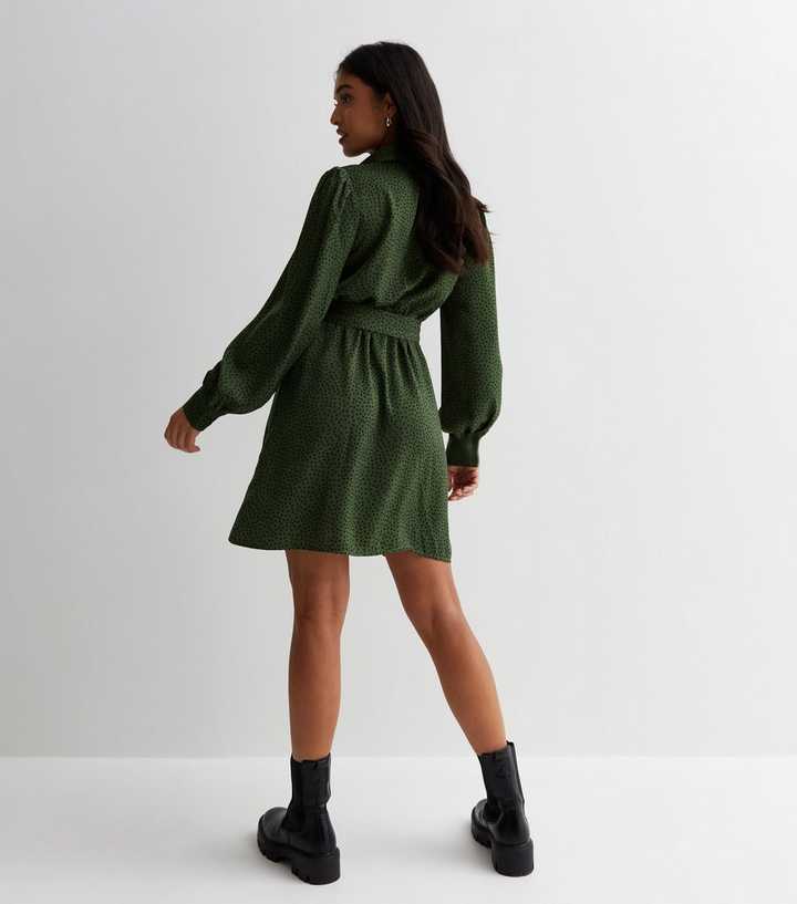 Petite Green Polka Dot Tie Waist Mini Shirt Dress | New Look