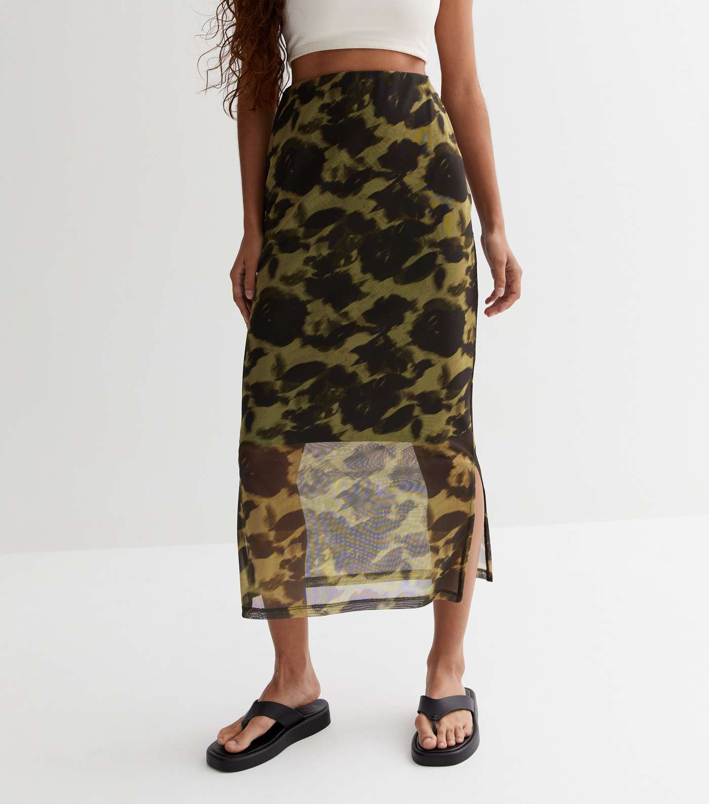 Petite Green Abstract Mesh Midi Skirt Image 2