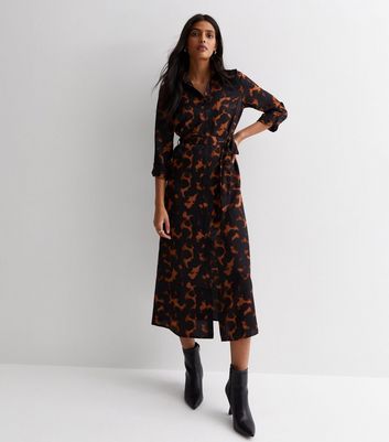 Brown Tortoiseshell Print Satin Midi Shirt Dress New Look