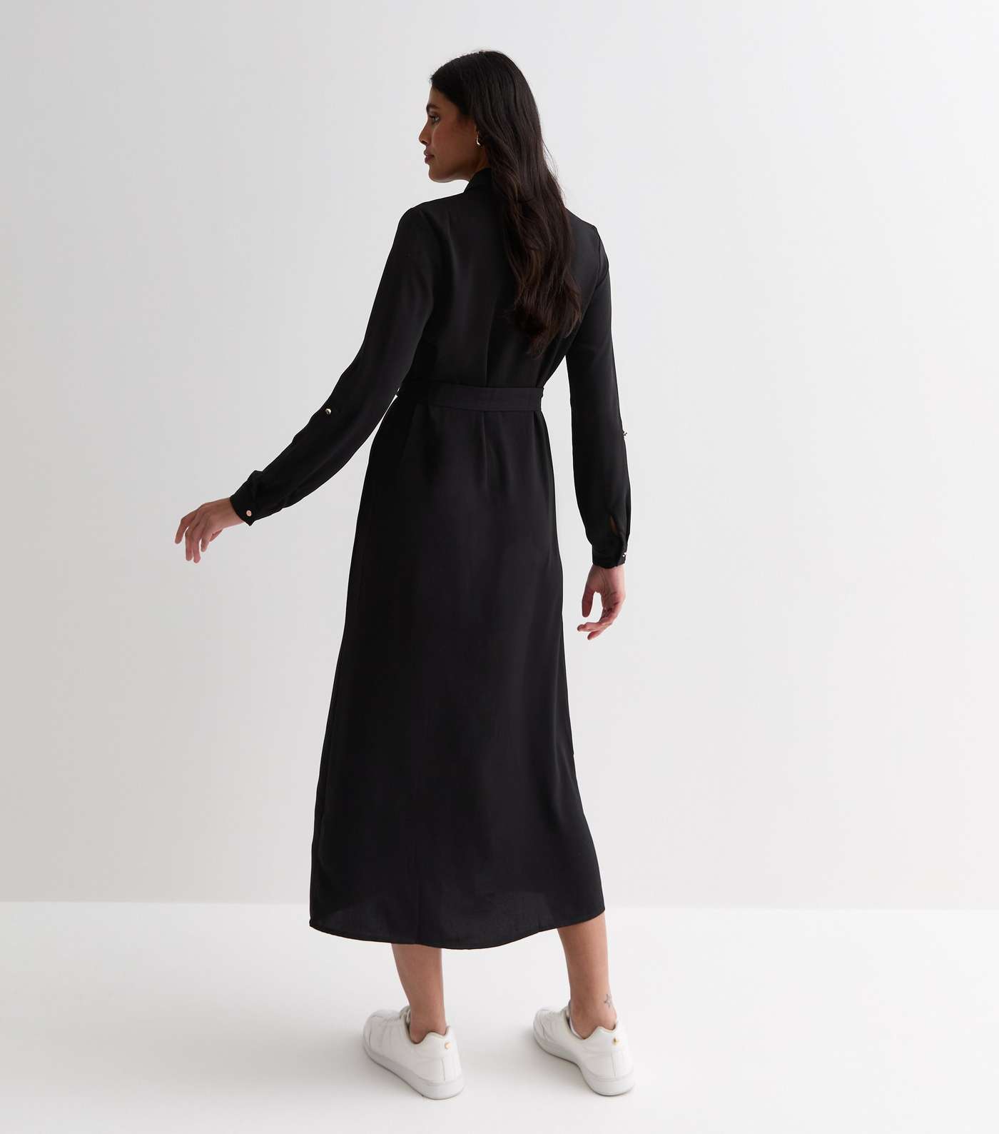 Black Belted Midi Shirt Dress Image 4