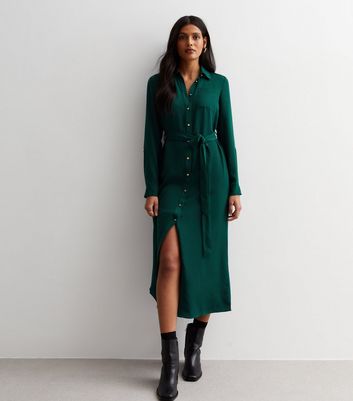 Dark Green Belted Midi Shirt Dress New Look