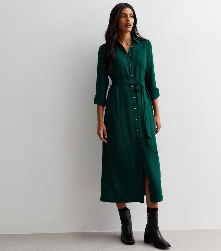 New Look Women's Dark Green Belted Mini Shirt Dress - UK 14