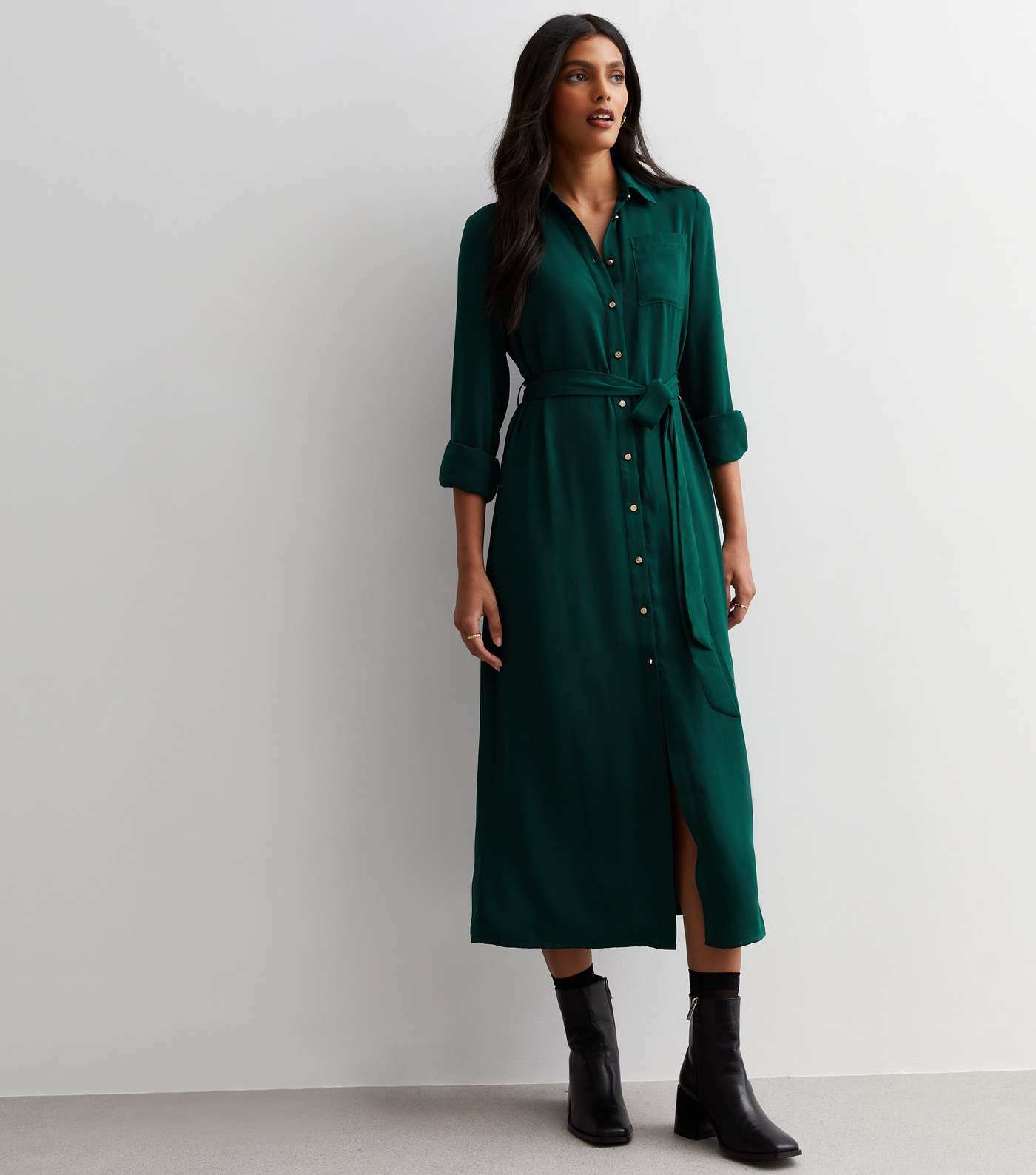 Dark Green Belted Midi Shirt Dress Image 2