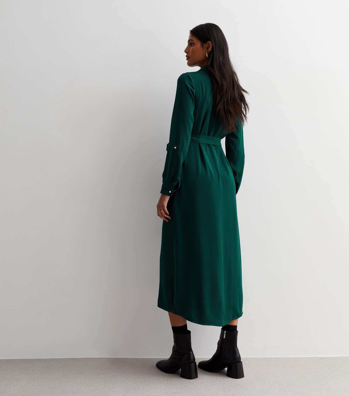 Dark Green Belted Midi Shirt Dress Image 4