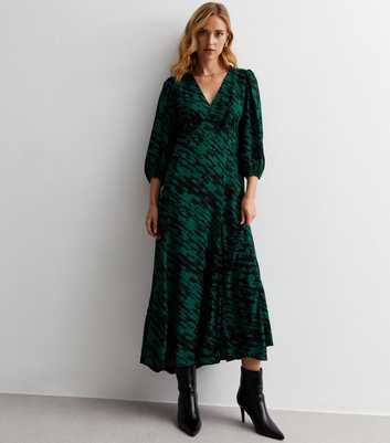 Green Abstract Print V Neck Midaxi Tea Dress