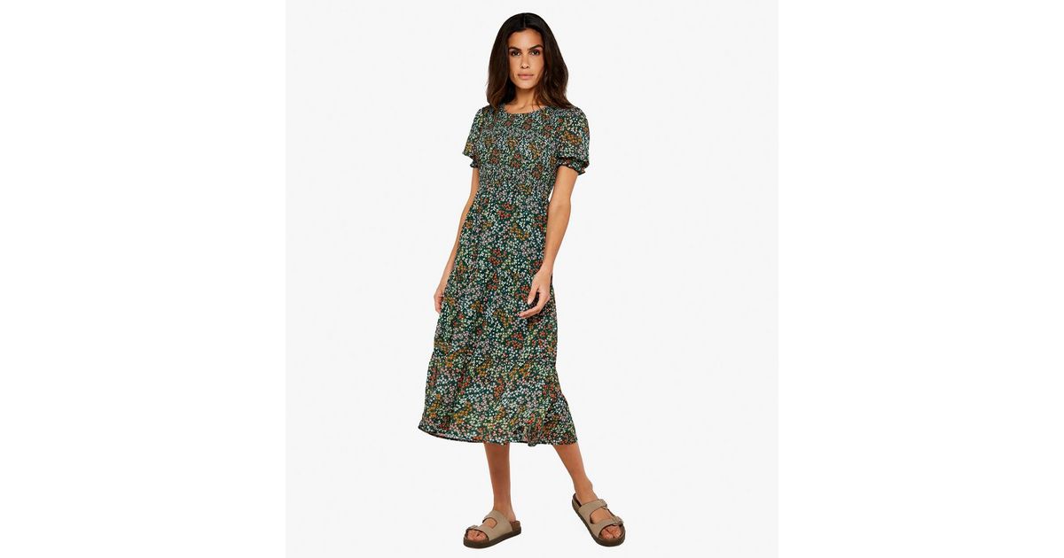 Apricot Green Ditsy Floral Shirred Midi Smock Dress New Look
