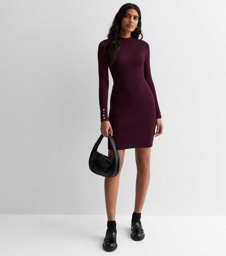 Burgundy Ribbed Knit Button Cuff Bodycon Mini Dress | New Look Burgundy Ribbed Knit Button Cuff Bodycon Mini Dress | New Look