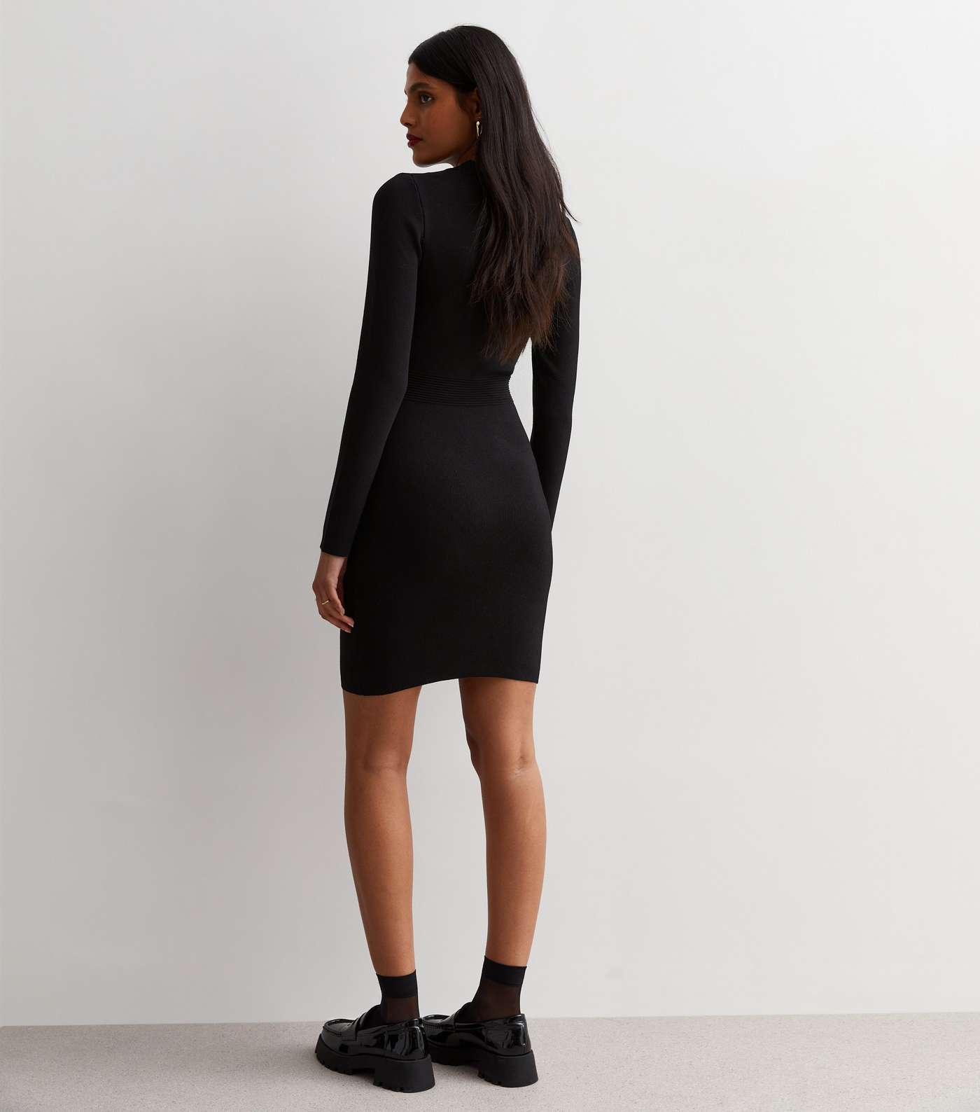 Black Long Sleeve Button Front Bodycon Mini Dress Image 4