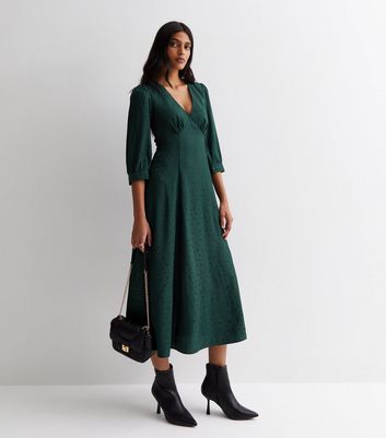 Dark Green Spot Satin Jacquard Midaxi Dress New Look