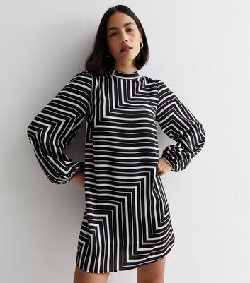 Black Stripe Satin Puff Sleeve Mini Dress New Look