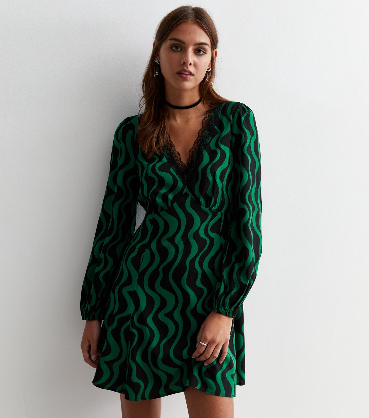 Women's Green Wave Print Lace Trim Mini Dress New Look