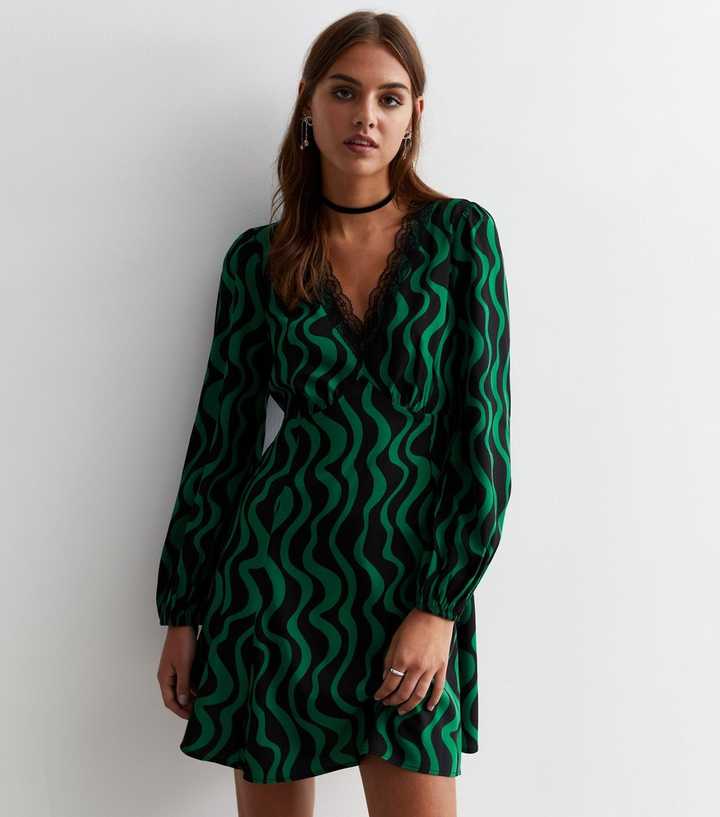 Green Wave Print Lace Trim Mini Dress