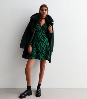 Green Wave Print Lace Trim Mini Dress New Look
