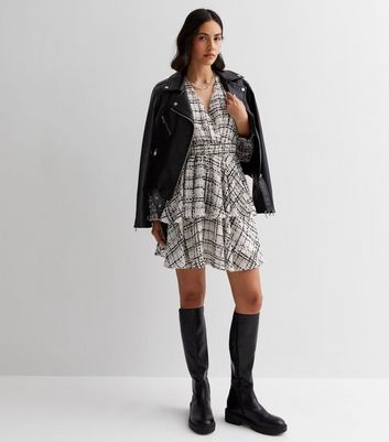 White Check Tiered Mini Dress New Look